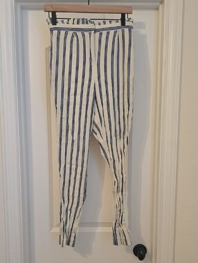 Express High Waisted Paperbag Vertical Navy Stripe Linen-Blend Pants